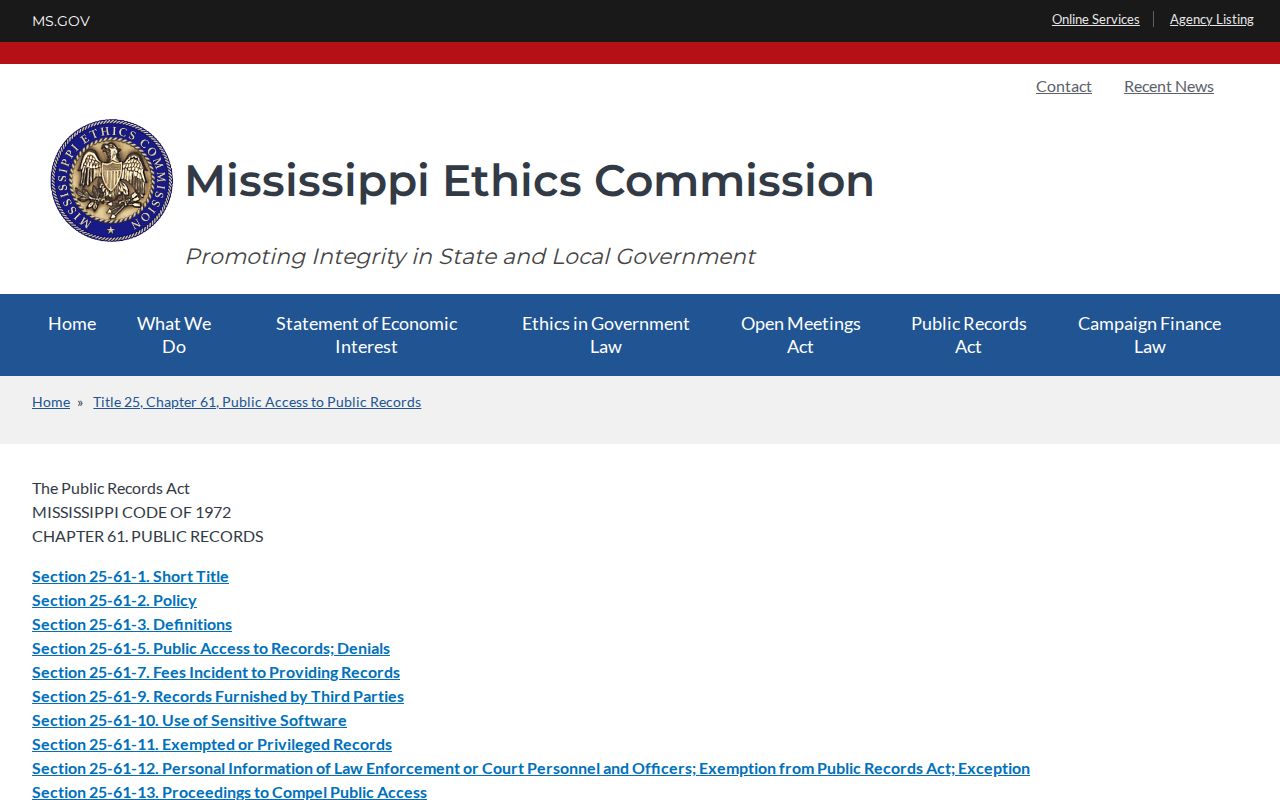 Mississippi Ethics Commission Public Records Act guidance page